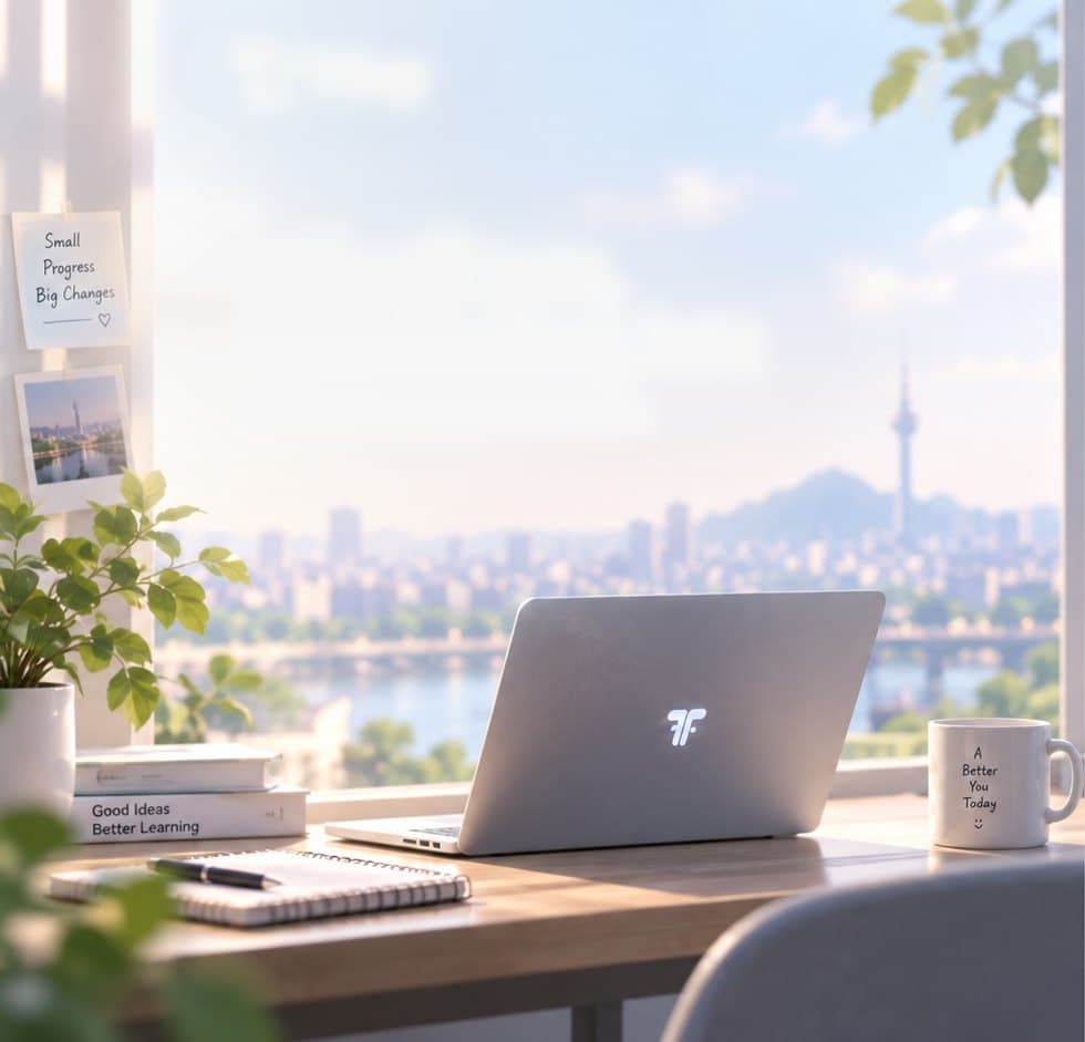 Góc làm việc bên cửa sổ nhìn ra sông Hàn và tháp Namsan ở Seoul, với laptop TTory đang mở.