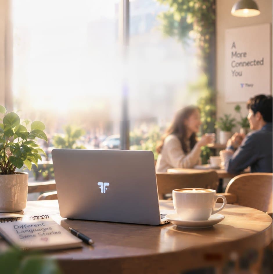 Hai người trò chuyện trong quán cà phê ngập nắng, bên chiếc laptop dán logo TTory.